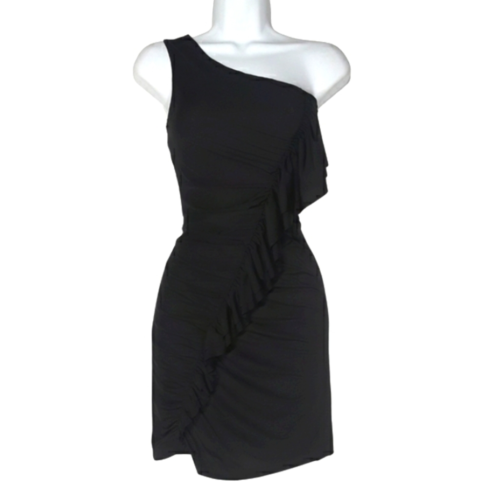 FOREVER 21 Black Ruffle One Shoulder Bodycon Party Cocktail Mini Dress Small